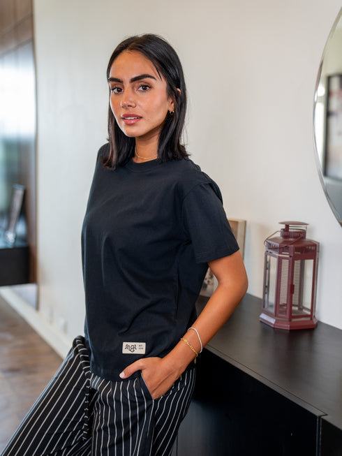 Women summer pajama set Black Tee + Black X White Stripes Pants